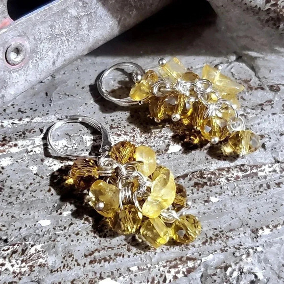 Handcrafted Natural Citrine Gemstone Czech Crystal Beads Silver Plated Earrings - Picture 3 of 13